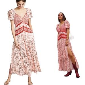 NEW Self-Portrait Cream and Red Dot Satin Printed Dress